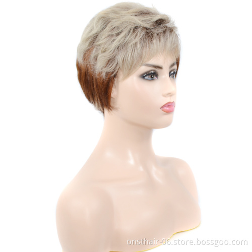 Short Wavy Curly Synthetic Bob Pixie Mushroom Short Cut Wigs Machine Made Hair Brown and White Wig for Black Women with Bangs